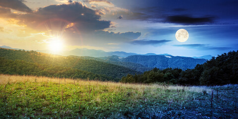 day and night time change concept above summer mountain landscape. beautiful scenery with sun and...