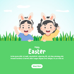 Banner Happy asian boy and girl wearing rabbit ears greeting with grass and sky background and nature, Easter egg, illustration vector, kids concept