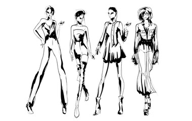 Beautiful young women in modern style.. Hand drawn stylish woman portrait. Fashion lady. Summer outfit. Sketch set. Fashion model posing in coat. Hand drawn fashion woman.