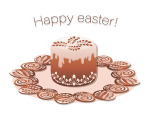 Happy easter. Easter dessert. Easter cake and egg shaped chocolate chip cookies in a circle. Design postcard, poster. Vector illustration.