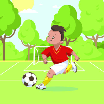 A boy football player, in a red sports shirt, runs across the football field and kicks a soccer ball. Vector illustration in cartoon style, isolated flat