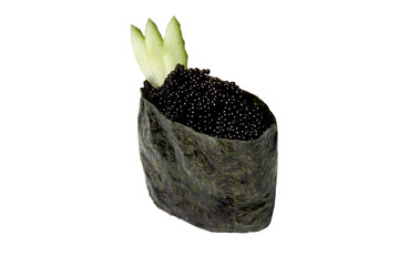duncan tobiko with black caviar wrapped in nori leaves isolated on white background healthy dietary food