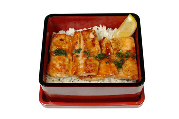 the fish fried in sweet-sour sauce with rice it is isolated a white background