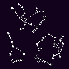 Constellations Cancer, Andromeda, Sagitarius. Vector illustration in doodle style. Hand drawn astrological images