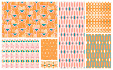 collection of seven seamless patterns  for branding, wrapping, packaging, wallpapers, fabric, textile, invitations, greeting cards, home decor (pillows, bedclothes, towels, napkins), printables, merch