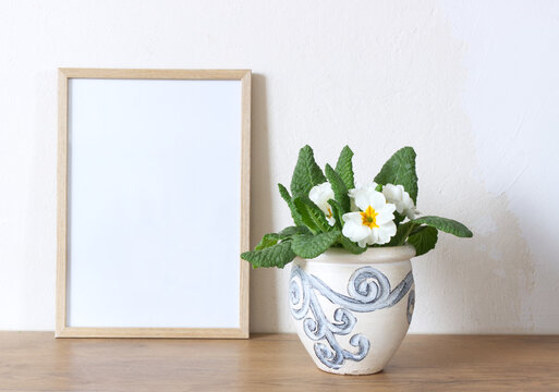 Spring still life. Blank wooden picture frame mockup on wooden table.Blooming spring white flower primrose in a ceramic vase. Whitewall background.