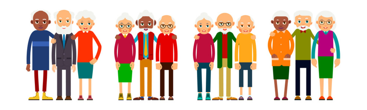 Old people in groups of three standing in row. Elderly men and women europeans and african american ethnic friends. Senior stand and hug each other. Set happy seniors. Illustration isolated
