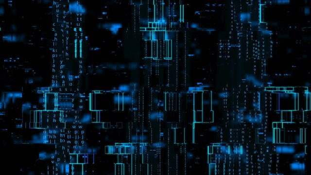 Blue background of matrix with binary code. Animation. Set of binary code in matrix space. Matrix software in form of binary code. Code from zero and one in matrix