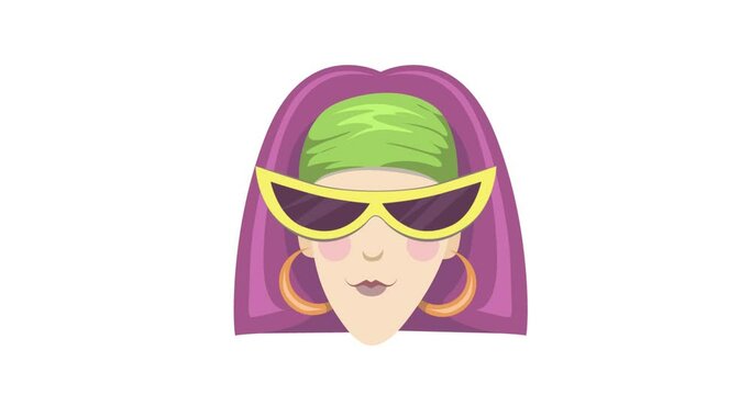 Animated girl. Young woman with pink hair in the yellow sunglasses. Flat  illustration.