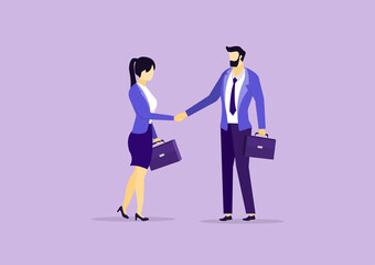 Business persons  shaking hands on Purple background. Cooperation, business partner and agreement concept. Template for banner, website and infographics. Flat vector illustration 