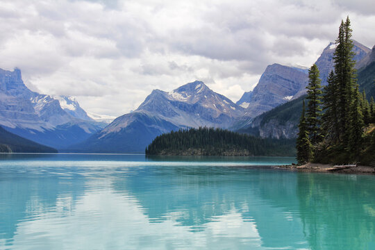 Canada Alberta Blue Mountain Lake On The Background Of The Rocky Mountains