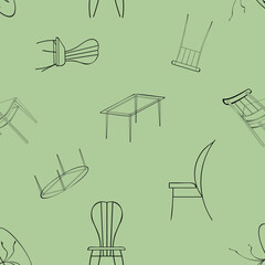 Seamless jpeg illustration of tables and chairs randomly ordered on green background. Designed for prints, wraps, backgrounds, textiles, wallpapers, templates