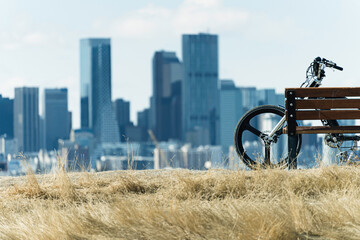 mountain bike with calgary skyline in the background