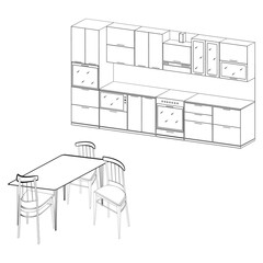 A vector illustration of a 3d kitchen furniture with a stove, an oven, a microwave set and a dinner table with three chairs isolated on white background. 