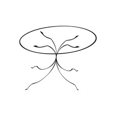 A black and white vector illustration of a round round table on one curved leg isolated on white background. A design element for projects and interior plans, coloring book page