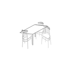 Fototapeta na wymiar A black and white vector illustration of a square table with three chairs isolated on white background. A design element for projects and interior plans, coloring book page