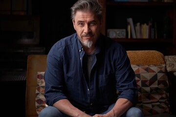 Portrait of older man at home in dark room sitting on couch. Happy smile, grey hair, bearded, ....