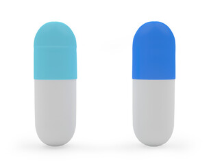 Two blue-white pills on white. 3D illustration 