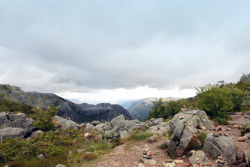 Panoramic view from Preikestolen mountain in Norway. Pulpit Rock or Preachers Chair a tourist attraction in Forsand in Rogaland county.