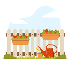 Fototapeta premium Spring garden landscape with a fence, watering can and flowers. Illustration for the site, postcards.