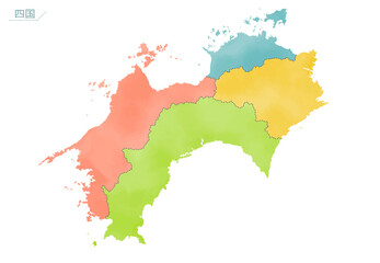 カラフルな水彩風の日本地図　四国