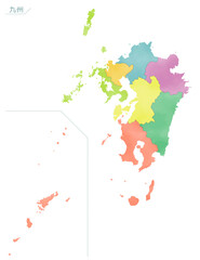カラフルな水彩風の日本地図　九州