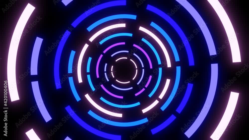 Poster circular neon shapes rotating animation. abstract lens technology design. 4k seamless looped interes