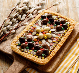 Traditional Easter cake in Poland called mazurek, close up view. Delicious very sweet festive dessert - obrazy, fototapety, plakaty