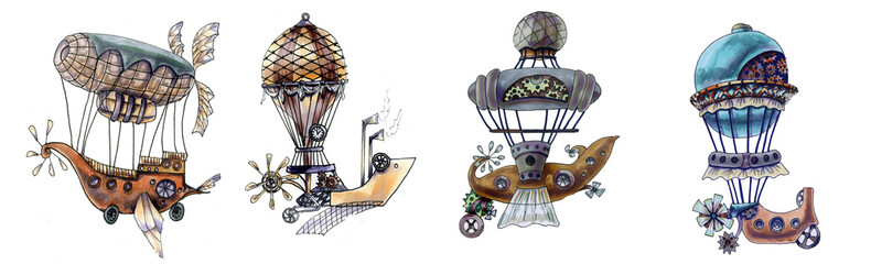 Watercolor painting is a fantastic airships. Set Illustration of a flying car in the steampunk style. Hand-drawn. Collection of air transport of the 19th century isolated on a white background. © Nadine.de.trevile