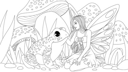 Vector illustration, a beautiful fairy stroking a frog in a meadow of flowers with mushrooms © Andrey1005