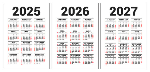 Calendar 2025, 2026 and 2027. English vector set. Vertical wall or pocket calender template. Design collection. New year. Week starts on Sunday