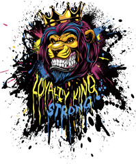 Vector illustration, a ferocious lion in a crown grins, with grunge effects on a clamped background © Andrey1005