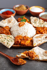Angled image of a gourmet mixture of indian dishes including rice, naan, tikka masala, butter chicken and curry. Spices and herbs are seen in blurred background. Oriental cusine.