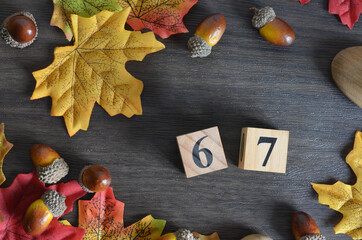 Number 67, rating, award, Cover design in natural concept with Number cube decorate with maple leaf...