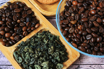Coffee beans and green tea