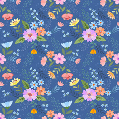 Floral seamless pattern with blue monochrome background for fabric, textile, and wallpaper.