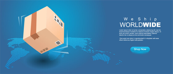 we ship world wide banner. 3d style shipping package in front of map, clean modern style vector illustration © vektor junkie