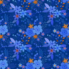 Fototapeta na wymiar Floral seamless pattern with blue monochrome background for fabric, textile, and wallpaper.