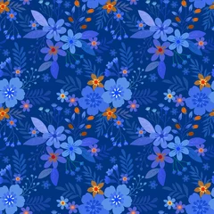 Gordijnen Floral seamless pattern with blue monochrome background for fabric, textile, and wallpaper. © Orlandoit