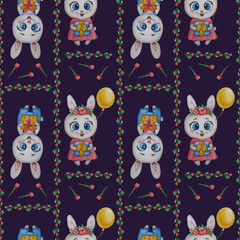 Seamless patterns. Cute animals hares. Girl rabbit with flowers and a balloon and a boy with a gift on a blue background with tulips. Watercolor