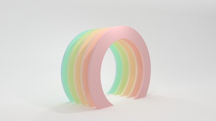 Round rainbow tunnel. Colored rings. Long corridor. Demonstration podium. 3d render.