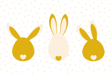 Cute tender bunnies with funny ears for Easter Day. Greeting holiday card in pastel colors. Vector graphics.