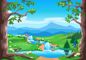 Fototapeta na wymiar Vector horizontal background fairy tale summer landscape with forest, waterfall, valley and mountains in cartoon style.
