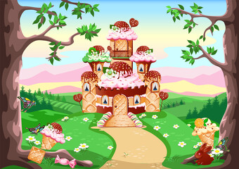 A candy land with a sweet castle decorated with cream and chocolate stands in a fairytale forest. Fairy tale country sweet background.