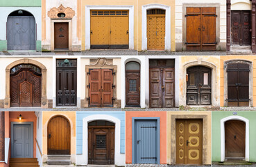 Collection of various 19 vintage front doors to historic houses. High resolution collage of...