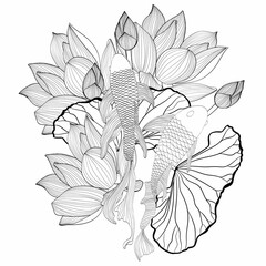 Hand drawn Asian symbols - line art koi carp with lotus flowers and leaves on a white background.