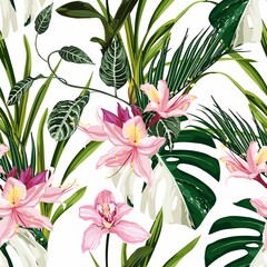 Exotic flowers pattern. Pink Oleander Rhododendron tropical flowers and palm leaves in summer print. Hawaiian t-shirt and swimwear tile. 