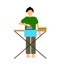 A woman is ironing clothes on an ironing board. Vector illustration.