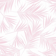 Nature seamless pattern. Hand drawn tropical summer background: pink white palm tree leaves, line art background.	
