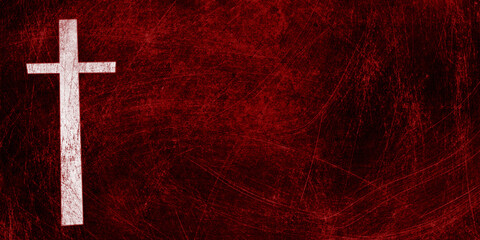 textured white cross with scratched red and black canvas with copy space, good for a worship slide background